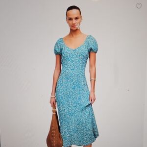 Cap-Sleeve Midi Floral Blue Dress